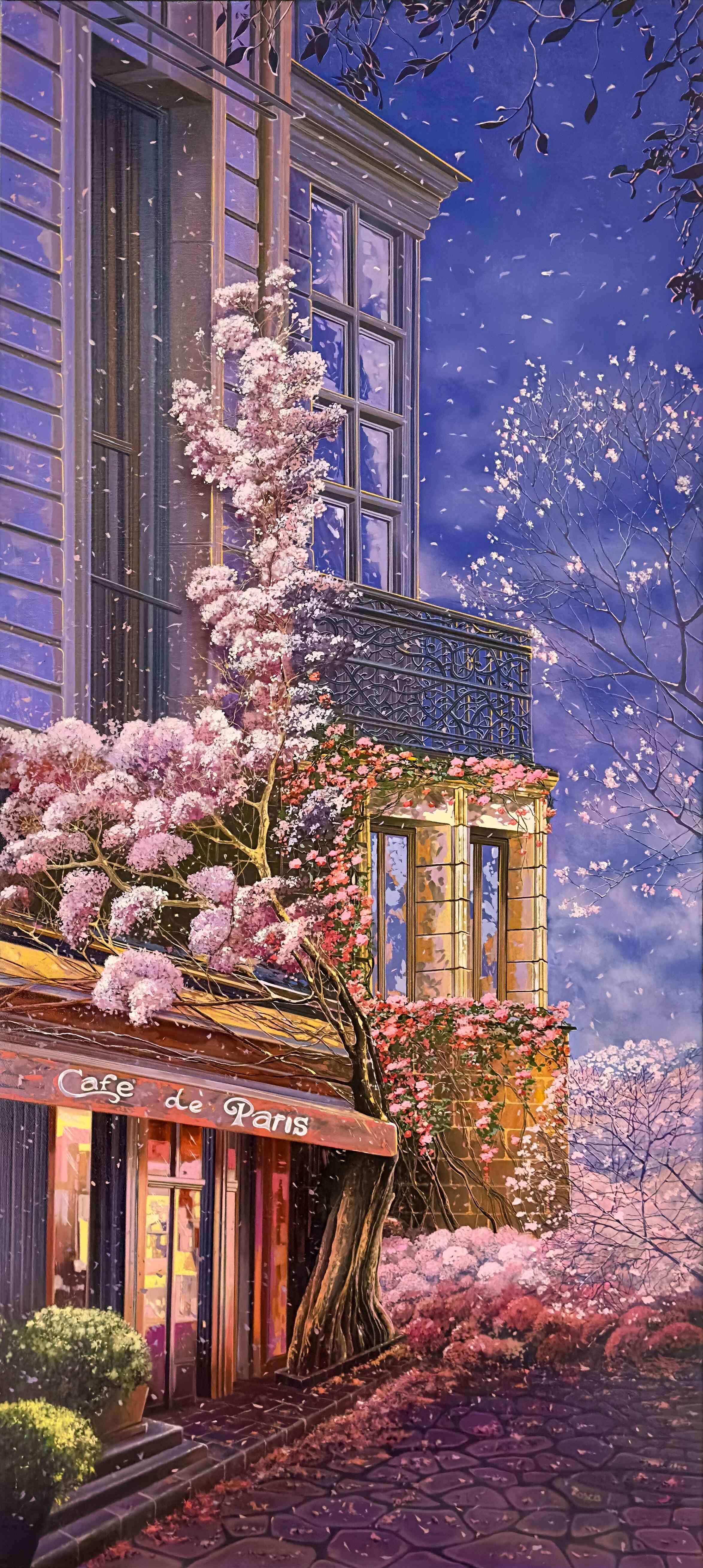 Title: Café de Paris & Stroll, romantic Paris street scene oil painting by Ion Rosca showing a café beneath blooming cherry blossoms at dusk.