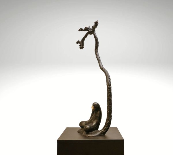 Contemporary Sculpture. Title: Beneath the Pine Tree, 29x15.5x8 in by Gao Feng, Bronze, Vancouver Fine Art Gallery.