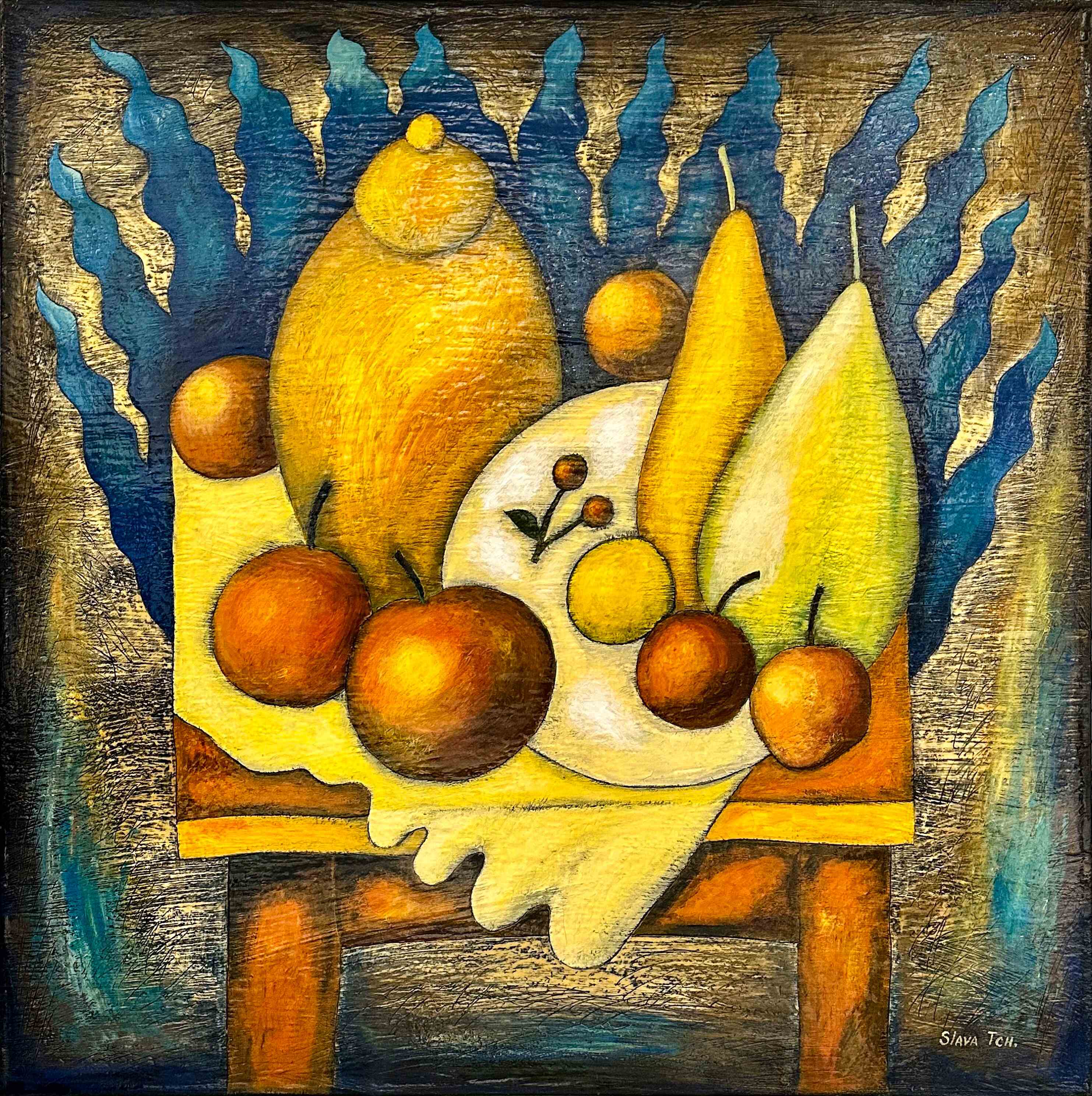 Contemporary Art. Title: Feeling of Freedom, 41 x 41 in, Encaustic on Canvas by Canadian artist Slava Tch, Vancouver Fine Art Gallery.