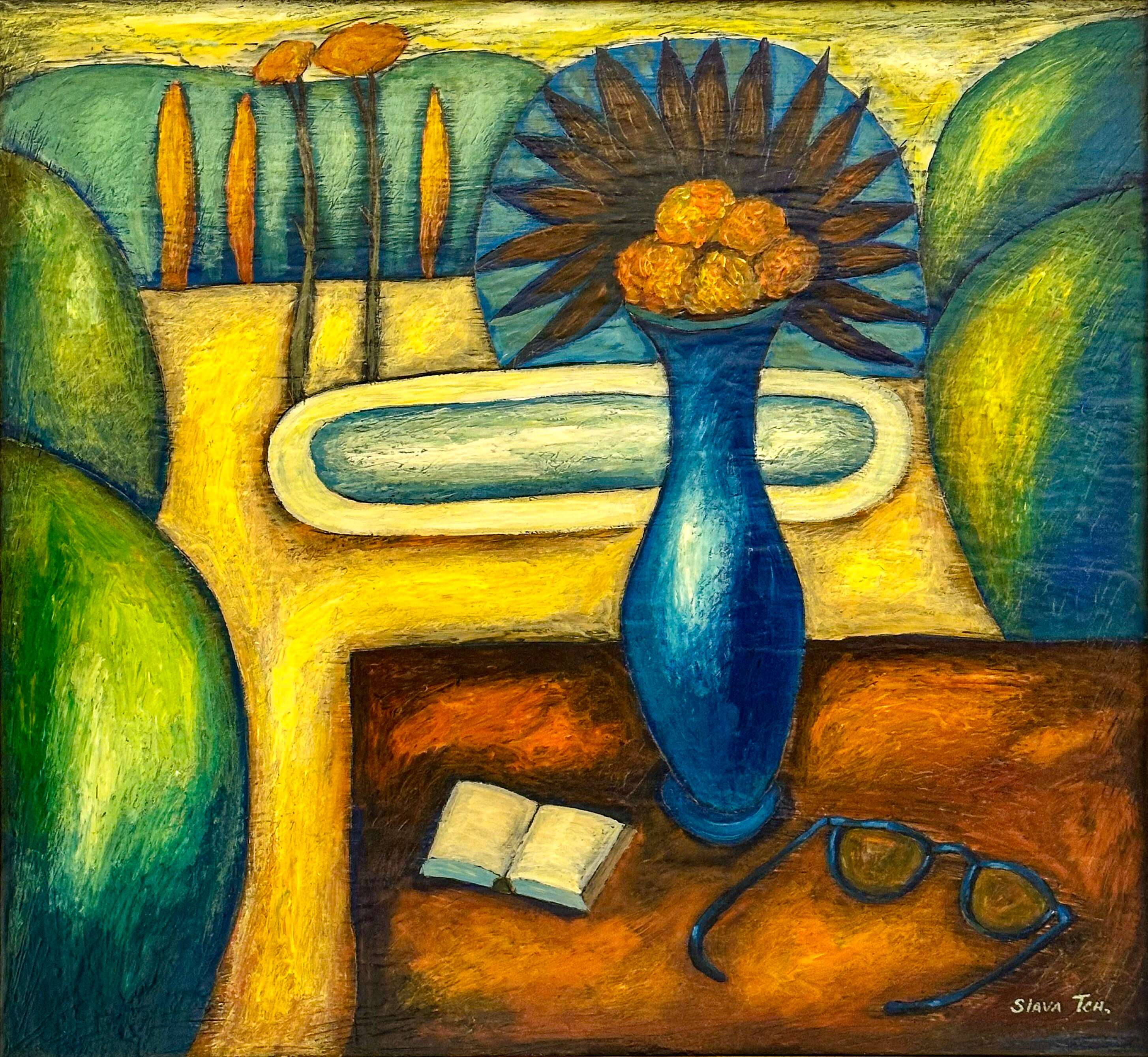 Contemporary Art. Title: Cottage Sound, 24 x 26 in, Encaustic on Canvas by Canadian artist Slava Tch, Vancouver Fine Art Gallery.