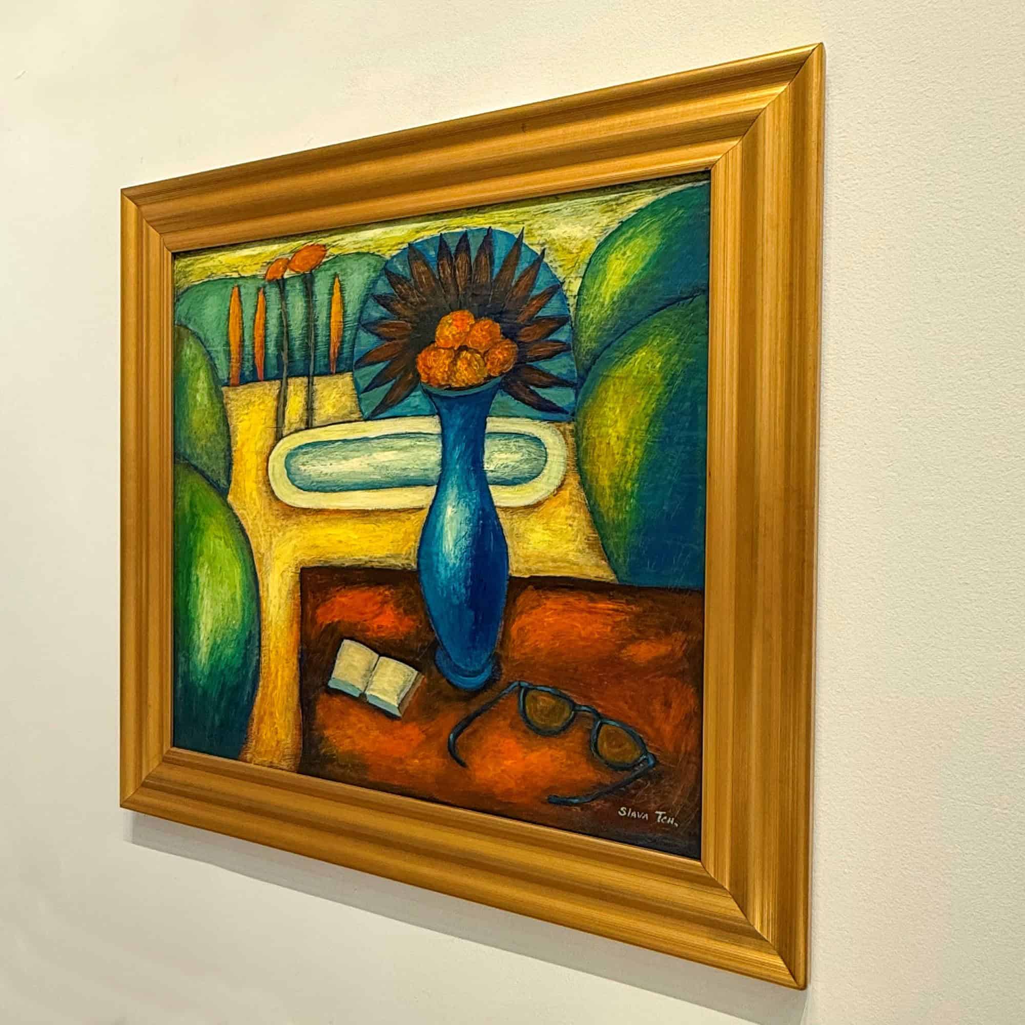 Contemporary Art. Title: Cottage Sound, 24 x 26 in, Encaustic on Canvas by Canadian artist Slava Tch, Vancouver Fine Art Gallery.