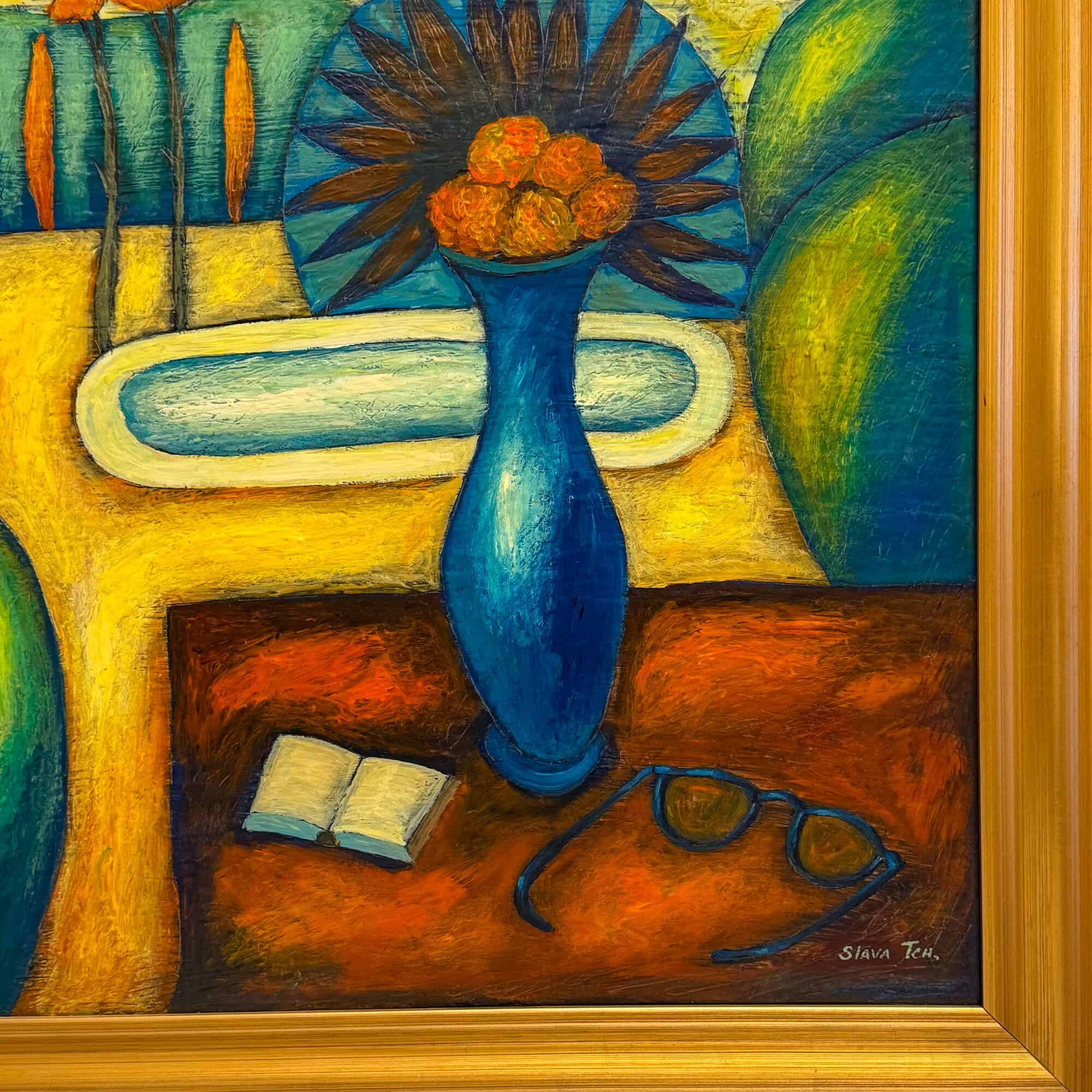 Contemporary Art. Title: Cottage Sound, 24 x 26 in, Encaustic on Canvas by Canadian artist Slava Tch, Vancouver Fine Art Gallery.