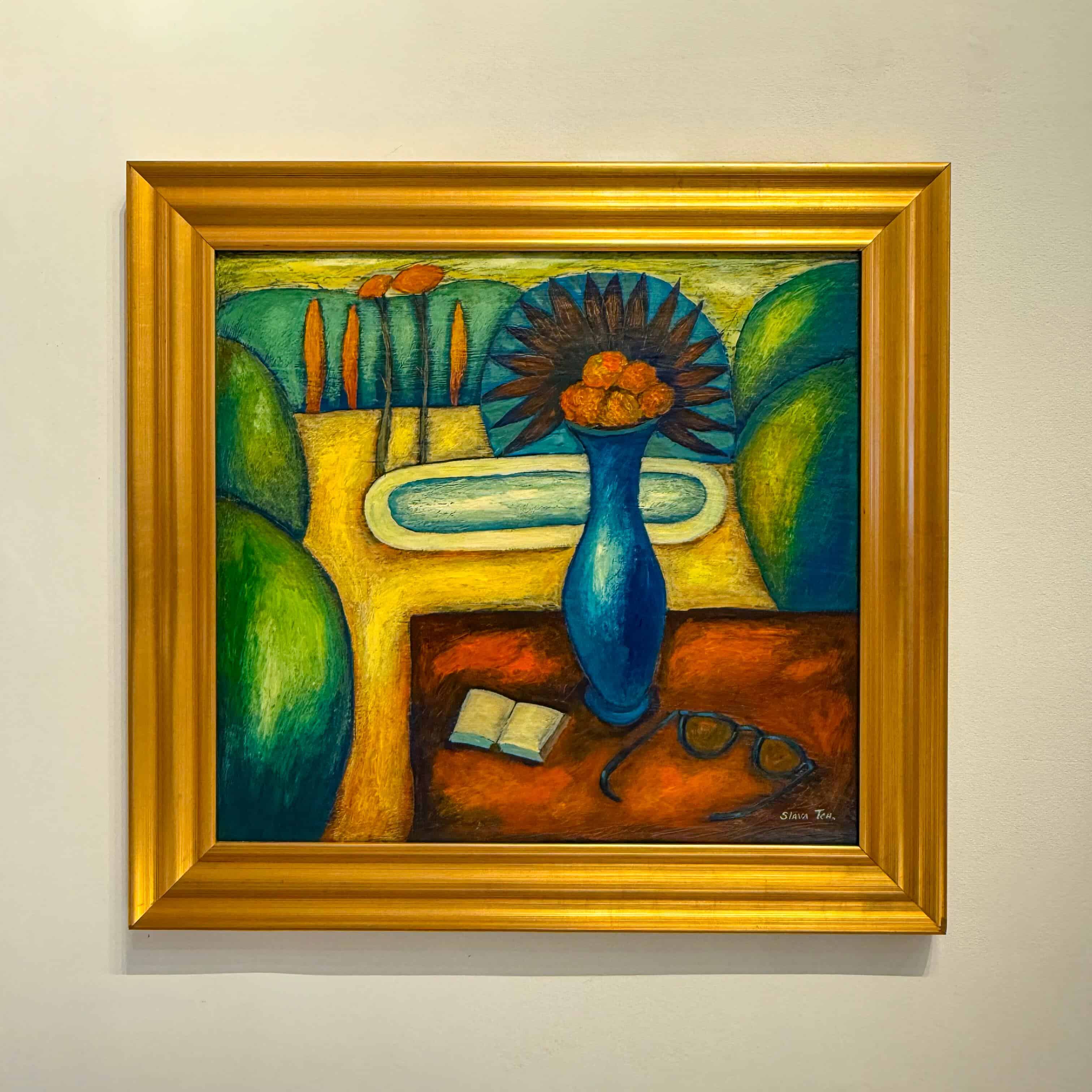 Contemporary Art. Title: Cottage Sound, 24 x 26 in, Encaustic on Canvas by Canadian artist Slava Tch, Vancouver Fine Art Gallery.