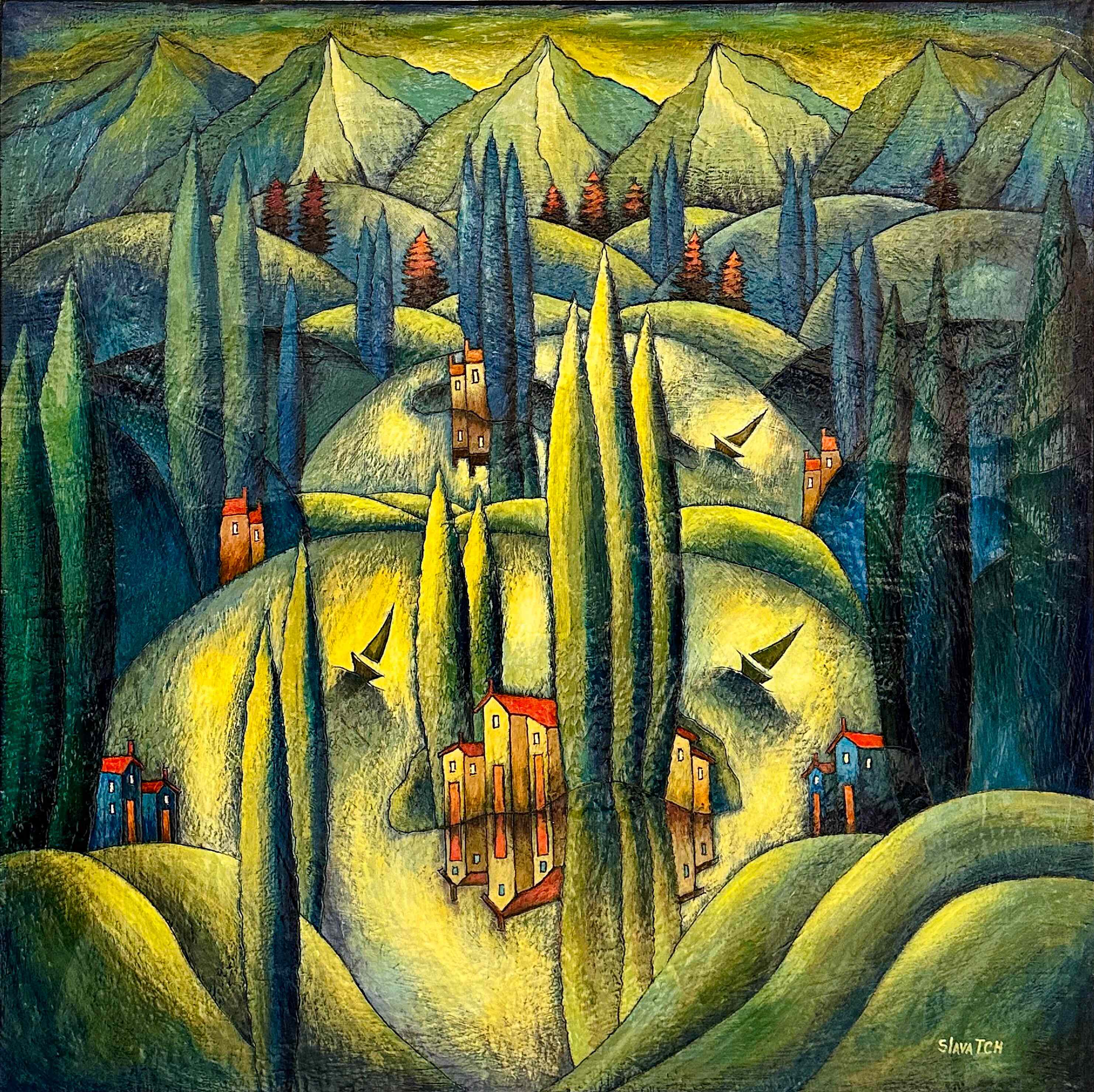 Contemporary Art. Title: Emerald Glow, 36 x 36 in, Encaustic on Canvas by Canadian artist Slava Tch, Vancouver Fine Art Gallery.