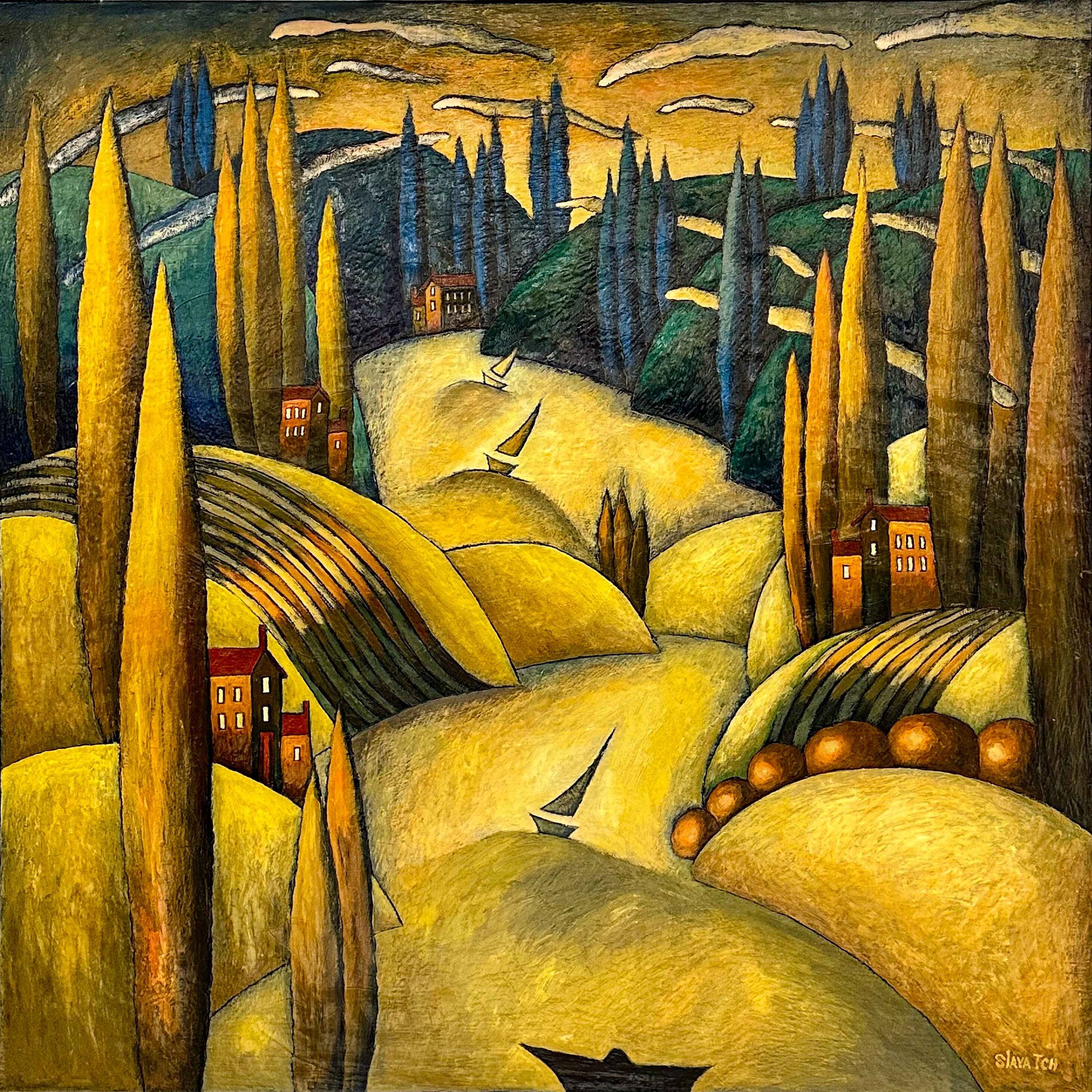 Contemporary Art. Title: Golden Days, 36x36 in_Encaustic on canvas by Canadian artist Slava Tch, Vancouver Fine Art Gallery.