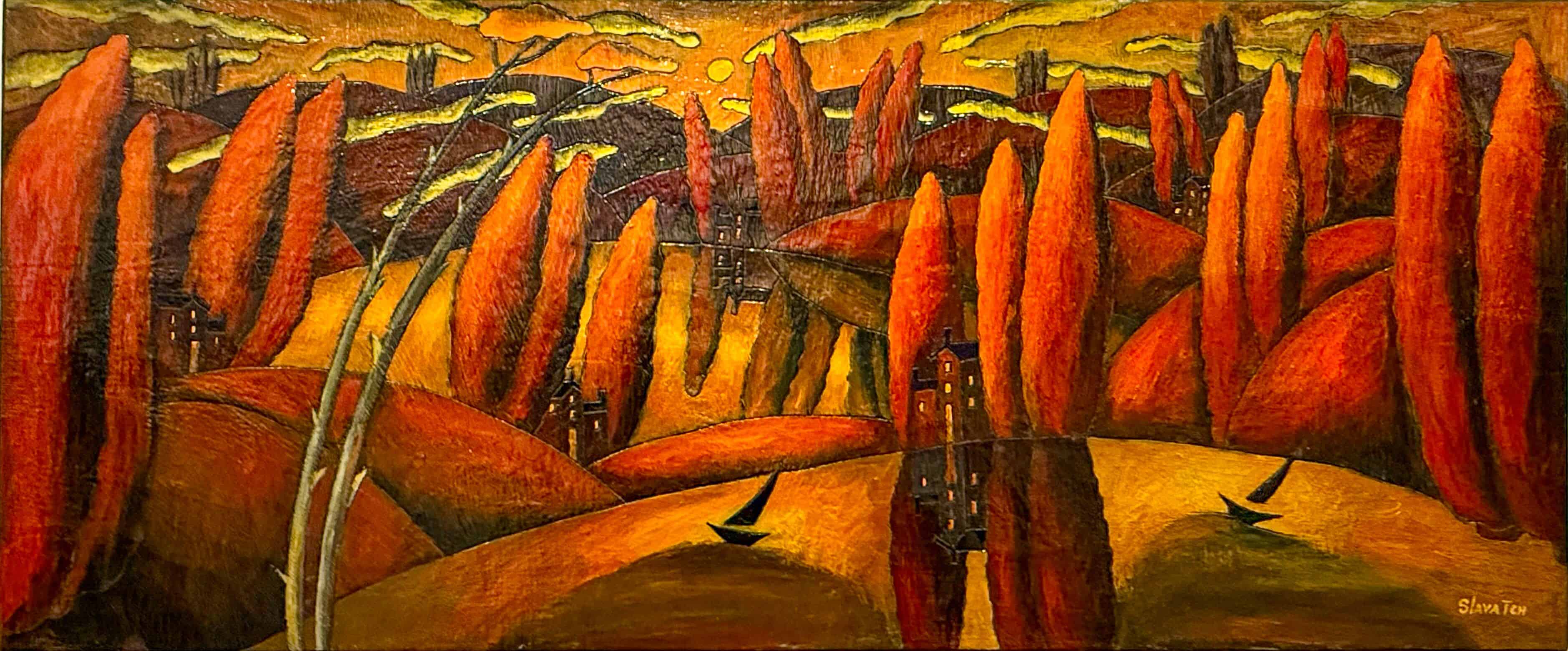 Golden Glow by Slava TCH, an encaustic landscape painting featuring glowing hills, cypress trees and luminous sunset reflections.