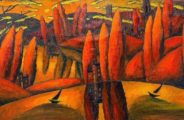 Contemporary Art. Title: Golden Glow, 20 x 48 in, Encaustic on Canvas by Canadian artist Slava Tch, Vancouver Fine Art Gallery.