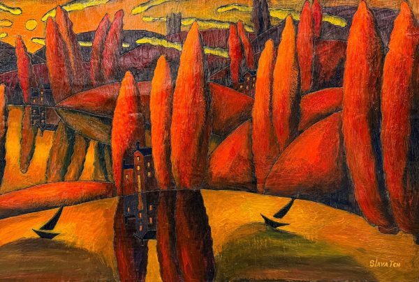 Contemporary Art. Title: Golden Glow, 20 x 48 in, Encaustic on Canvas by Canadian artist Slava Tch, Vancouver Fine Art Gallery.