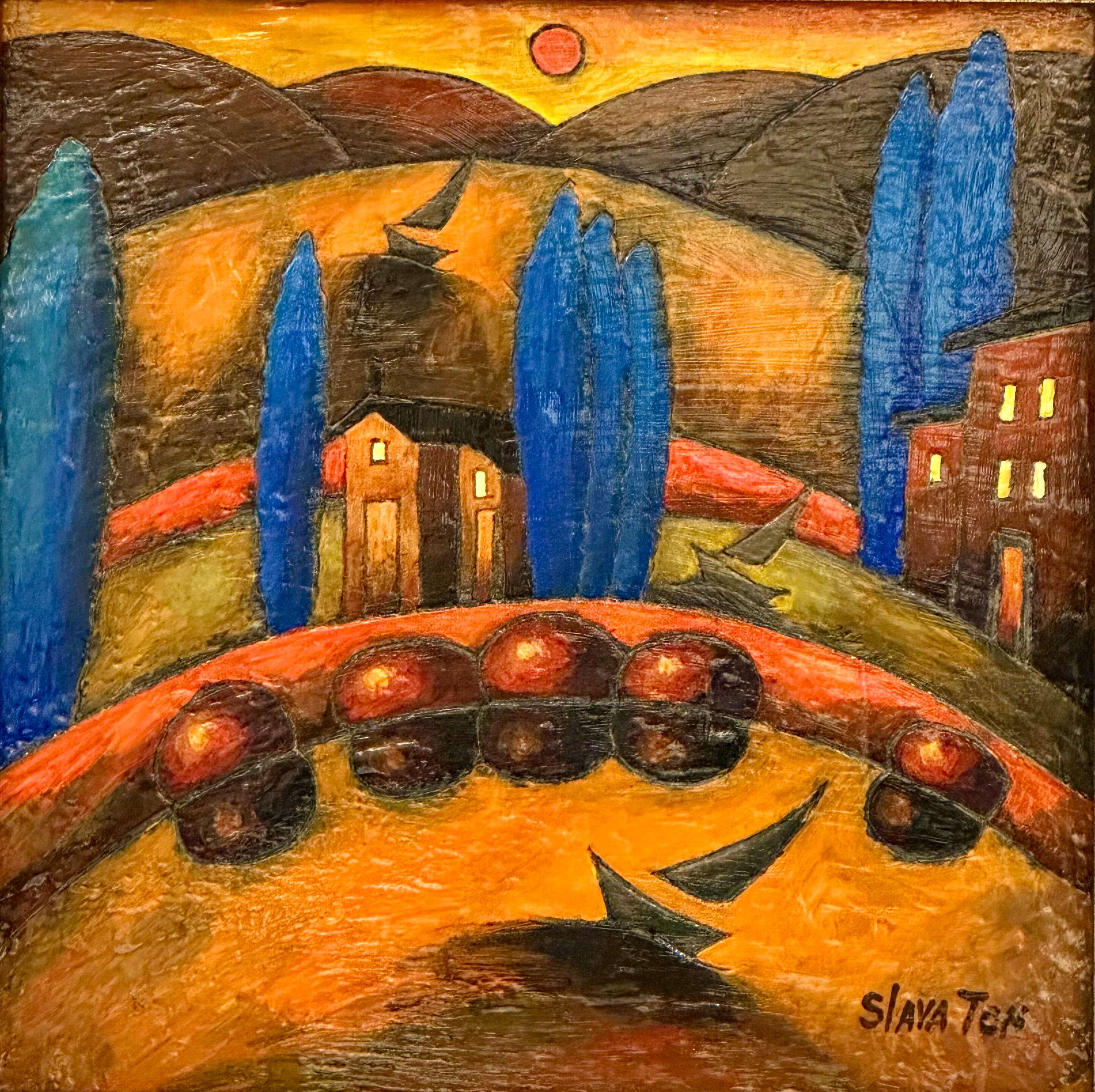 Contemporary Art. Title: Sundown Splendor, 10x10 in, Encaustic on wood by Canadian artist Slava Tch, Vancouver Fine Art Gallery.