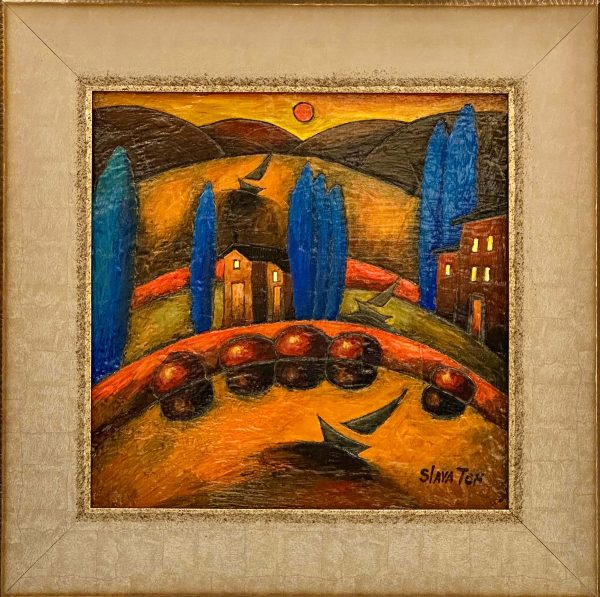 Contemporary Art. Title: Sundown Splendor, 10x10 in, Encaustic on wood by Canadian artist Slava Tch, Vancouver Fine Art Gallery.