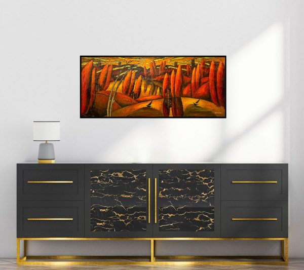 Contemporary Art. Title: Golden Glow, 20 x 48 in, Encaustic on Canvas by Canadian artist Slava Tch, Vancouver Fine Art Gallery.