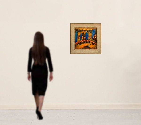 Contemporary Art. Title: Sundown Splendor, 10x10 in, Encaustic on wood by Canadian artist Slava Tch, Vancouver Fine Art Gallery.