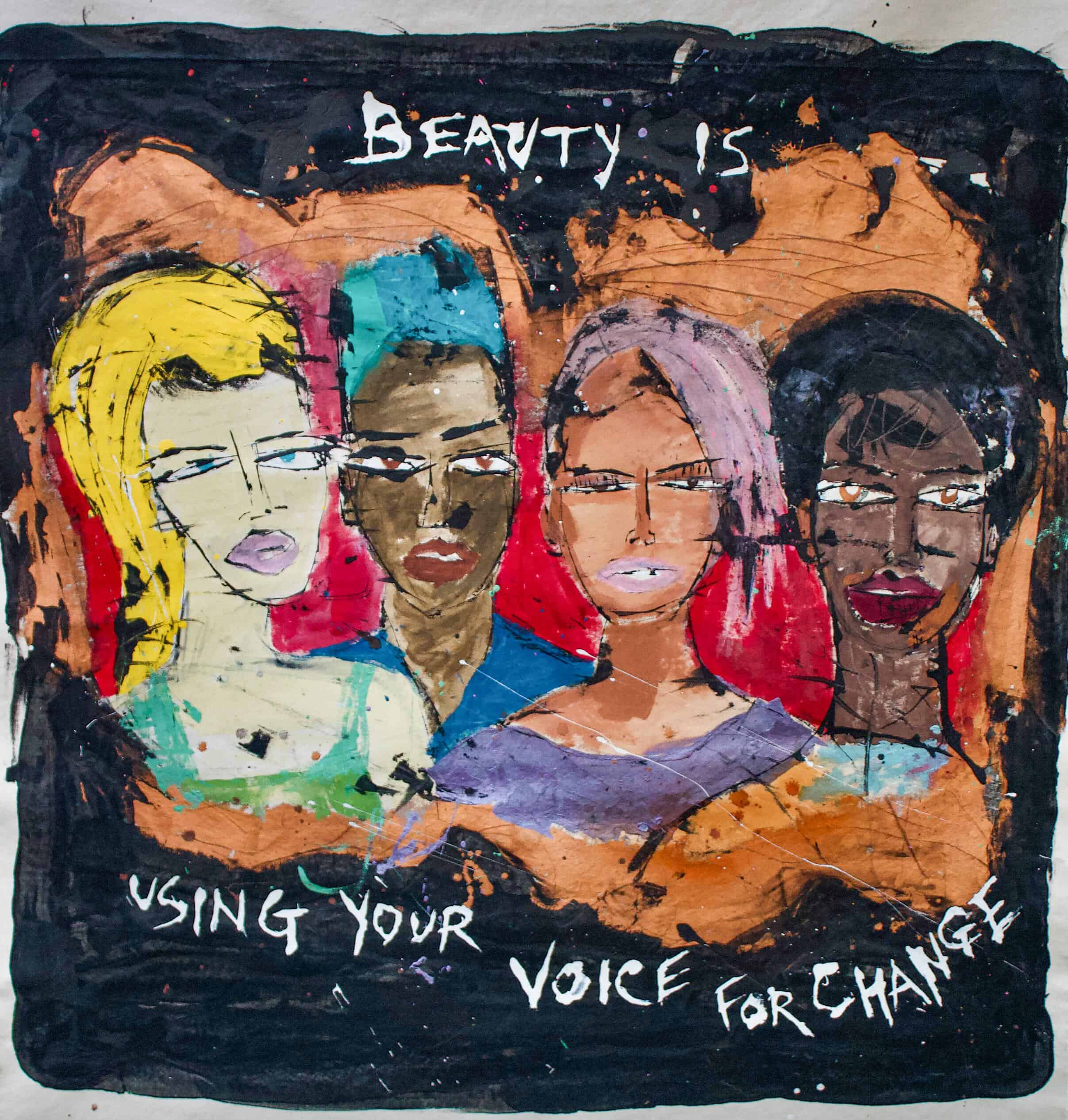Miles Regis painting “Beauty Is Using Your Voice for Change” – original mixed media on canvas artwork celebrating female empowerment and diversity, Vancouver Fine Art Gallery.