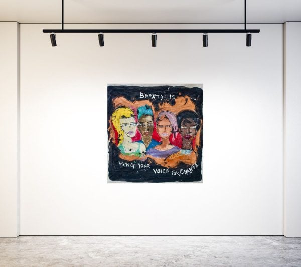 Pop & Contemporary Pop. Title: Beauty Is Using Your Voice for Change, Mixed on Canvas, 50 x 37 in by Miles Regis, Vancouver Fine Art Gallery.