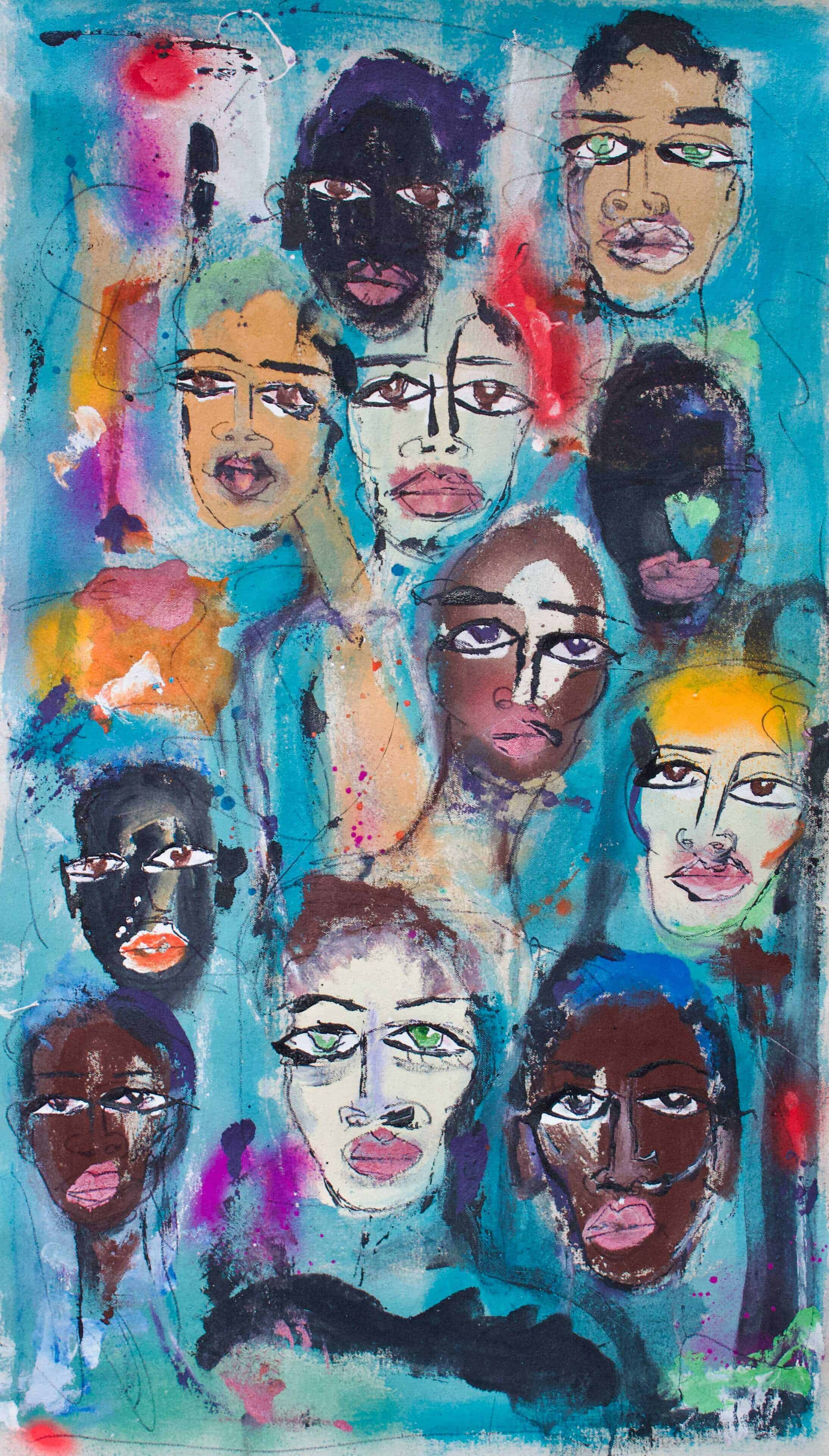 Miles Regis painting “Diggin’ the Scene” – original acrylic and spray on canvas artwork with expressive faces and vibrant colors, Vancouver Fine Art Gallery.