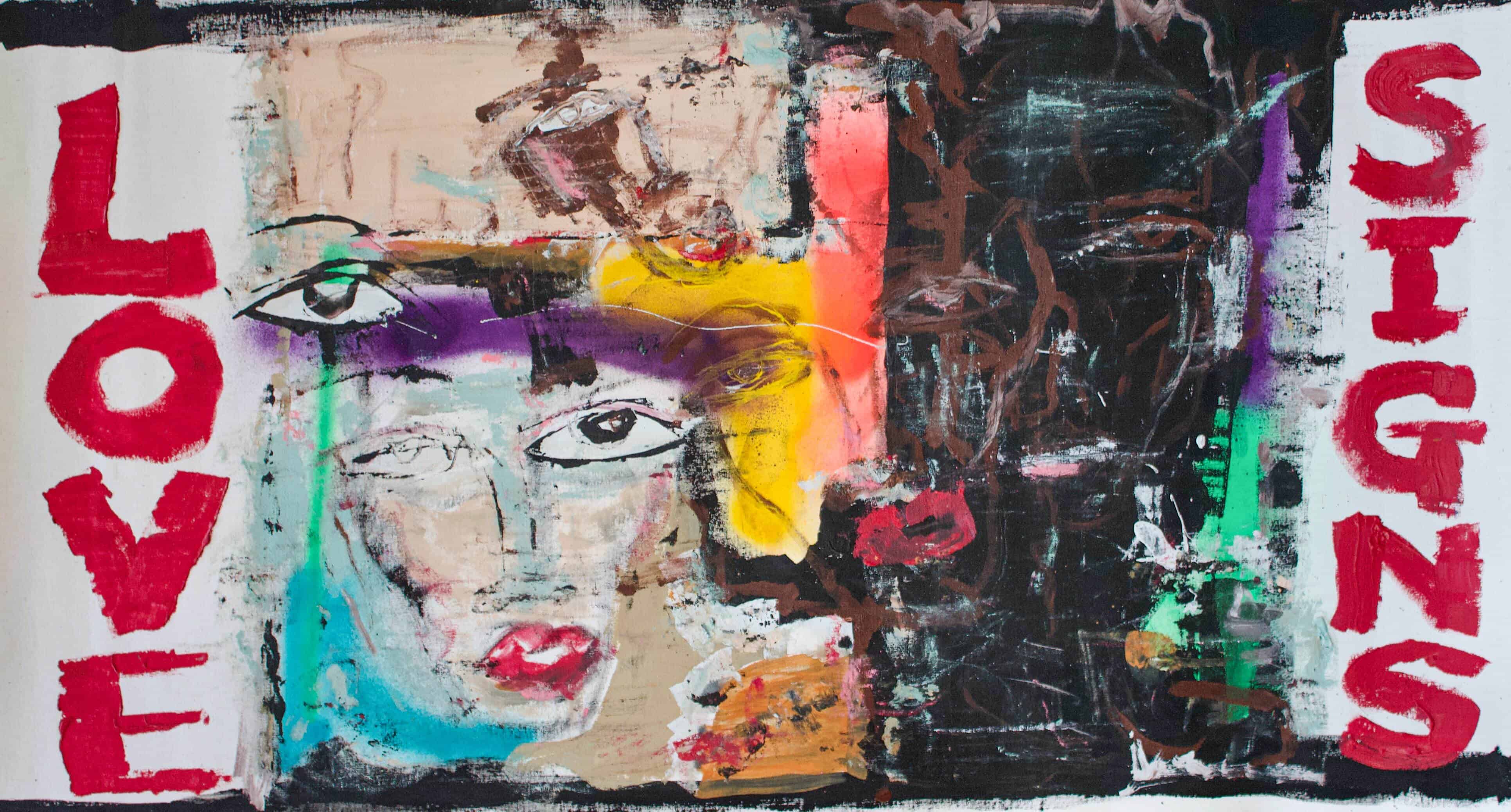 Miles Regis painting “Love Signs” – original acrylic and spray on canvas artwork blending emotion, color, and abstract portraiture, Vancouver Fine Art Gallery.