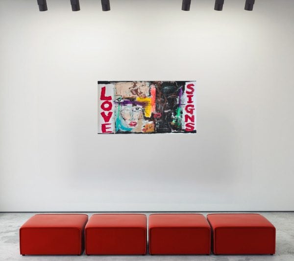 Pop & Contemporary Pop. Title: Love Signs, Acrylic and Spray on Canvas, 20 x 36 in by Miles Regis, Vancouver Fine Art Gallery.