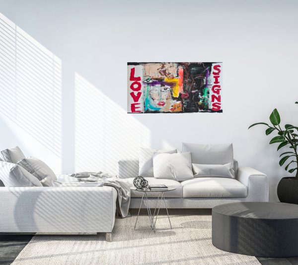 Pop & Contemporary Pop. Title: Love Signs, Acrylic and Spray on Canvas, 20 x 36 in by Miles Regis, Vancouver Fine Art Gallery.
