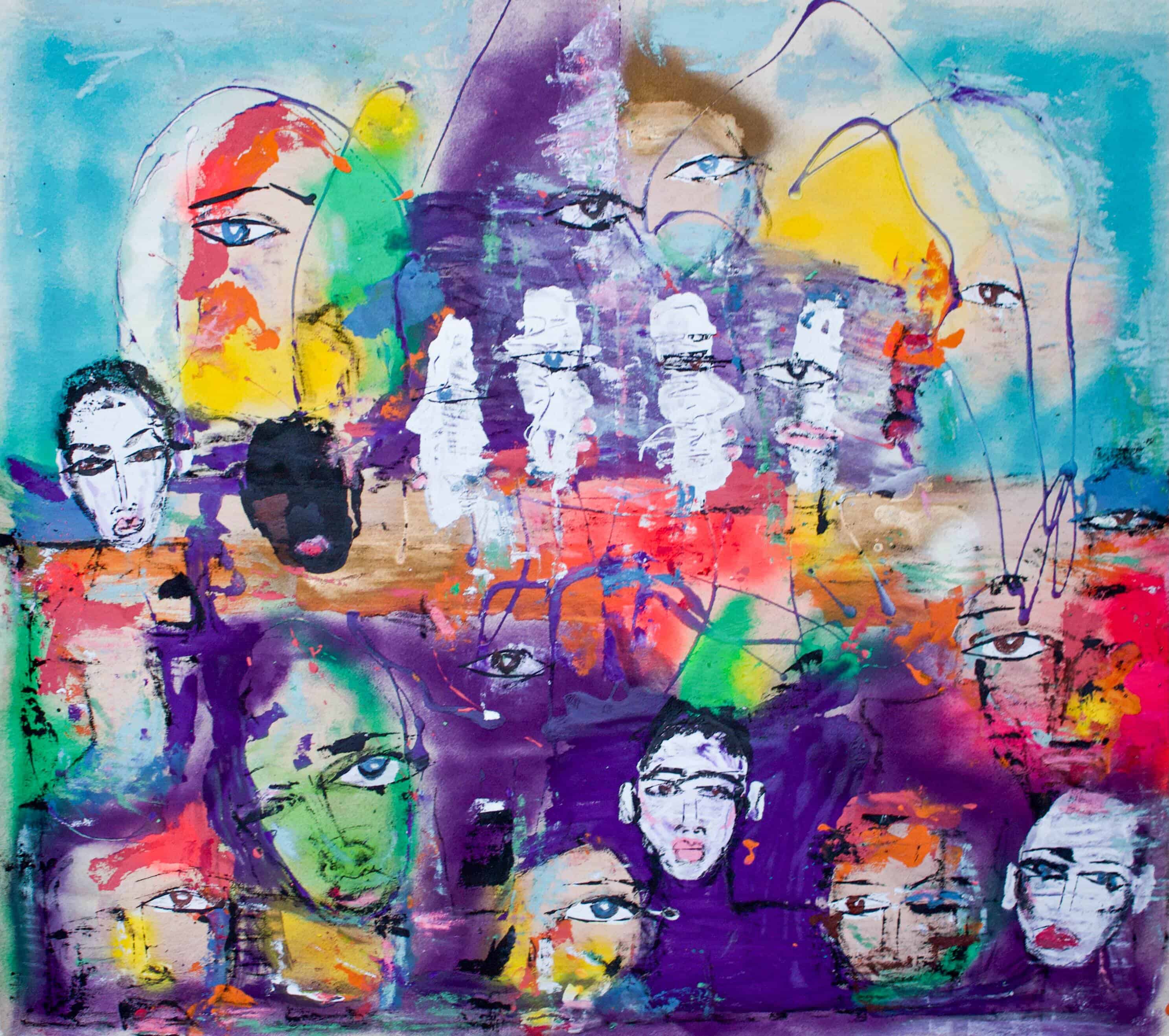 Miles Regis painting “Missing U” – original acrylic and spray on canvas artwork expressing love, longing and connection through vivid color and abstract faces, Vancouver Fine Art Gallery.