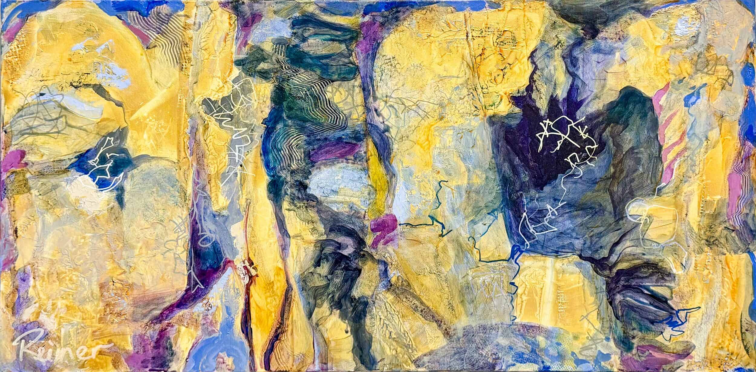 Title: Cave Dwelling by Christine Reimer – 18x36 inch abstract acrylic landscape painting featuring bold colors and textured layers.