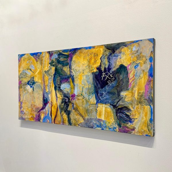 Title: Cave Dwelling by Christine Reimer – 18x36 inch abstract acrylic landscape painting featuring bold colors and textured layers.