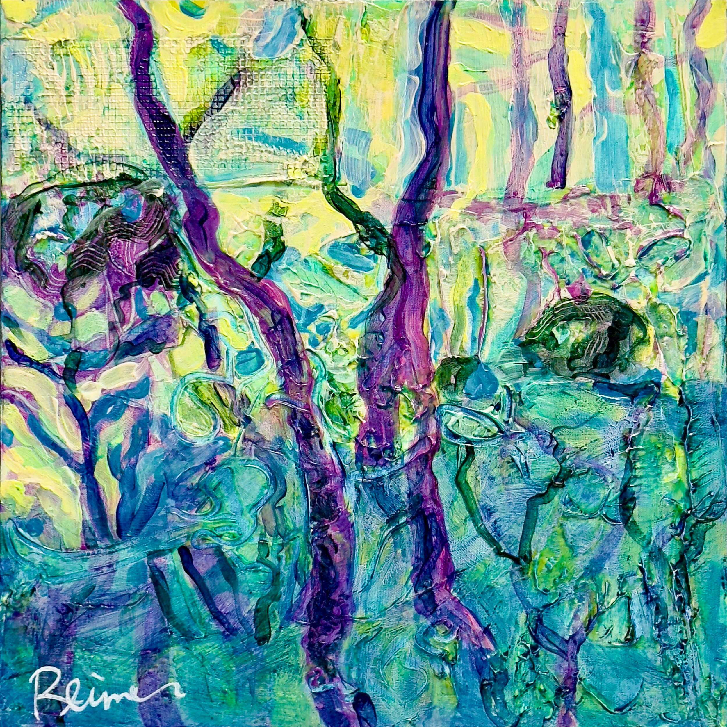 Title:  by Christine Reimer – 16x16 inch abstract acrylic landscape painting featuring bold colors and textured layers.