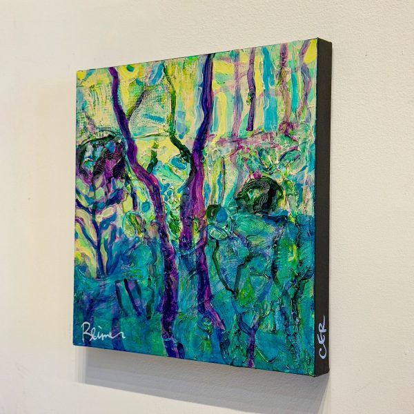 Title: Deep Woods by Christine Reimer – 16x16 inch abstract acrylic landscape painting featuring bold colors and textured layers.