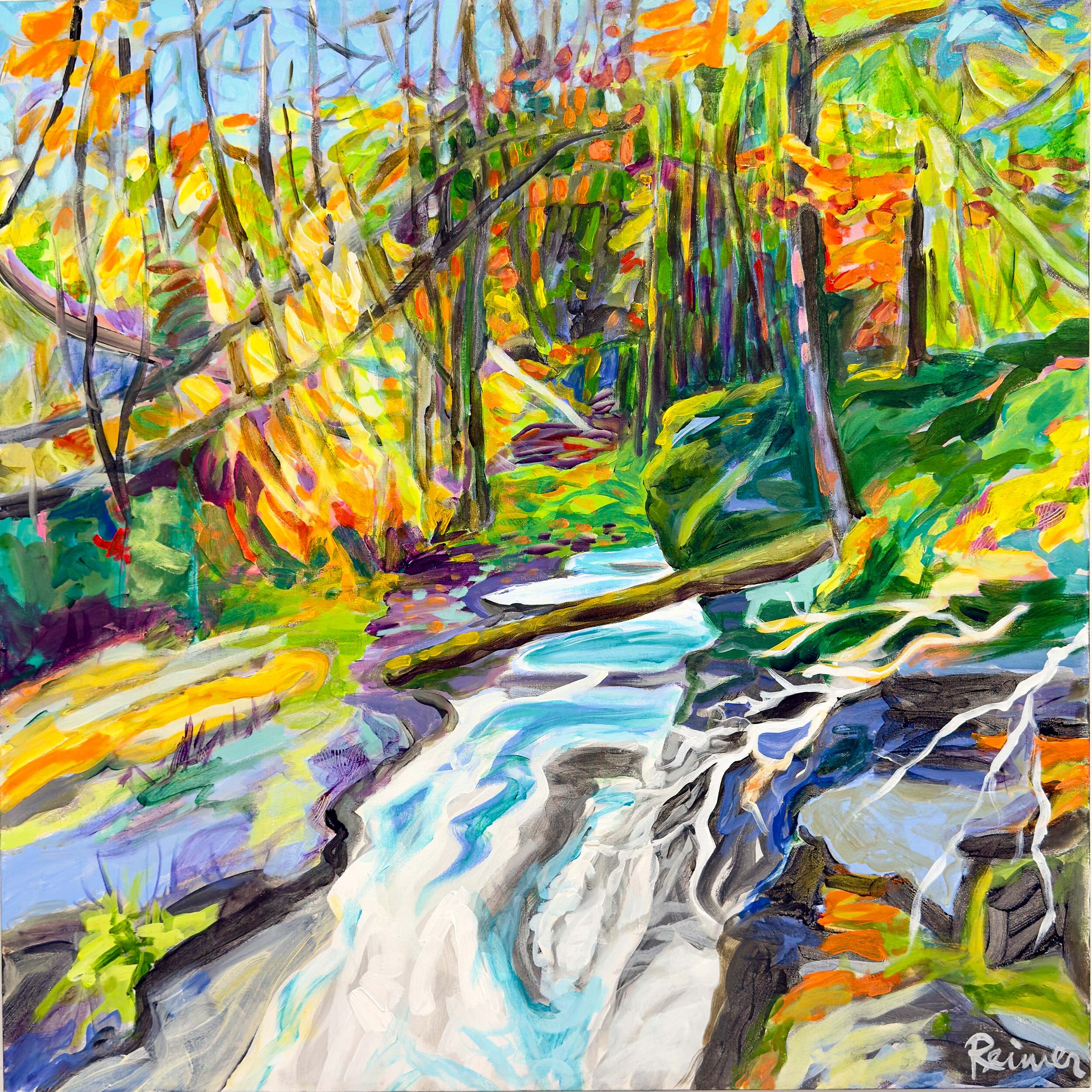 Title:  by Christine Reimer – 36x36 inch abstract acrylic landscape painting featuring bold colors and textured layers.