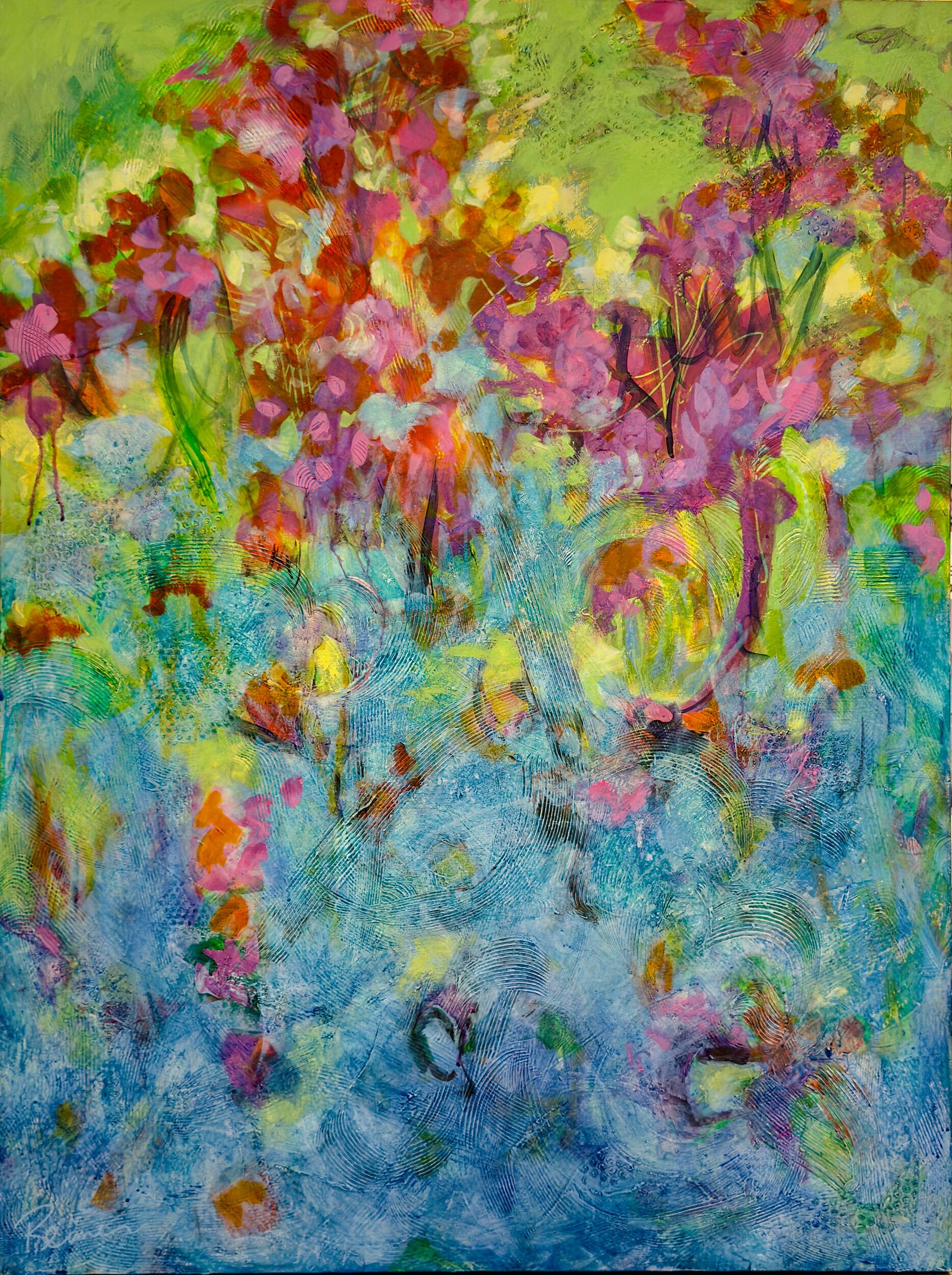 Title:  by Christine Reimer – 48x36 inch abstract acrylic landscape painting featuring bold colors and textured layers.