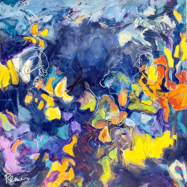 Title: Float by Christine Reimer – 30 x 30 inch abstract acrylic landscape painting featuring bold colors and textured layers.