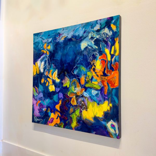 Title: Float by Christine Reimer – 30 x 30 inch abstract acrylic landscape painting featuring bold colors and textured layers.