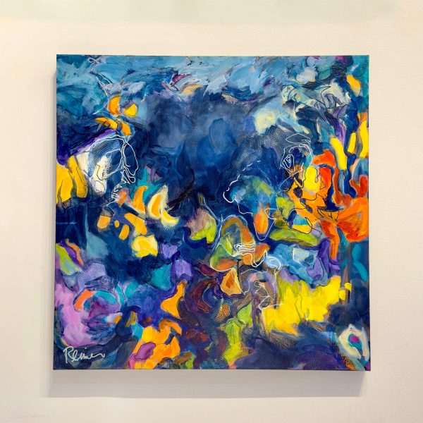 Title: Float by Christine Reimer – 30 x 30 inch abstract acrylic landscape painting featuring bold colors and textured layers.