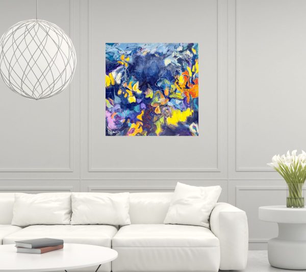 Title: Float by Christine Reimer – 30 x 30 inch abstract acrylic landscape painting featuring bold colors and textured layers.