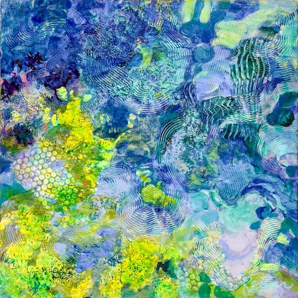 Title: Pacific Blue Current by Christine Reimer – 20 x 20 inch abstract acrylic landscape painting featuring bold colors and textured layers.