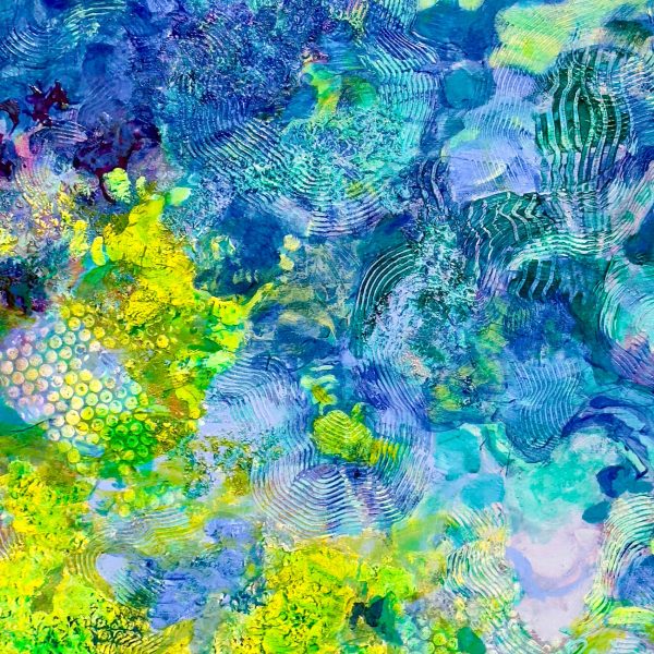Title: Pacific Blue Current by Christine Reimer – 20 x 20 inch abstract acrylic landscape painting featuring bold colors and textured layers.