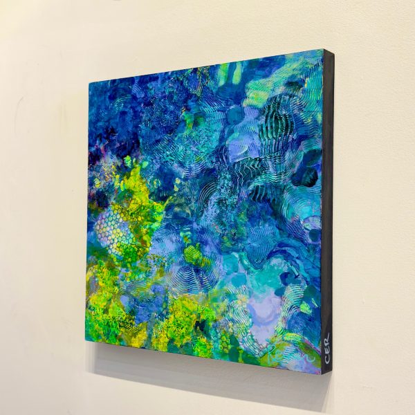 Title: Pacific Blue Current by Christine Reimer – 20 x 20 inch abstract acrylic landscape painting featuring bold colors and textured layers.