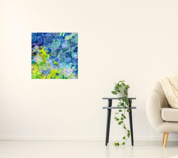 Title: Pacific Blue Current by Christine Reimer – 20 x 20 inch abstract acrylic landscape painting featuring bold colors and textured layers.