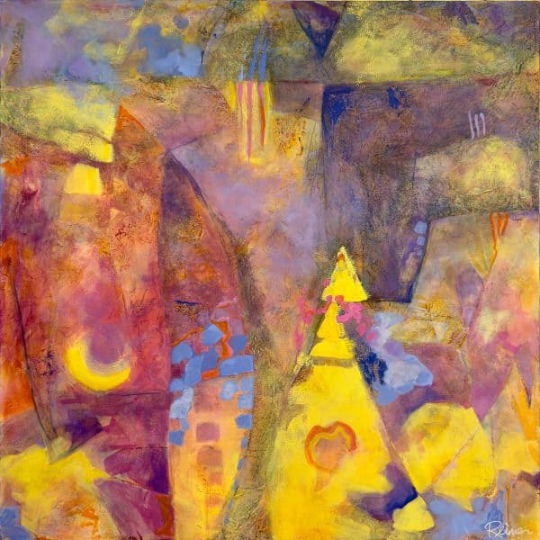 Title: Pleasure Seeker by Christine Reimer – 48x48 inch abstract acrylic landscape painting featuring bold colors and textured layers.