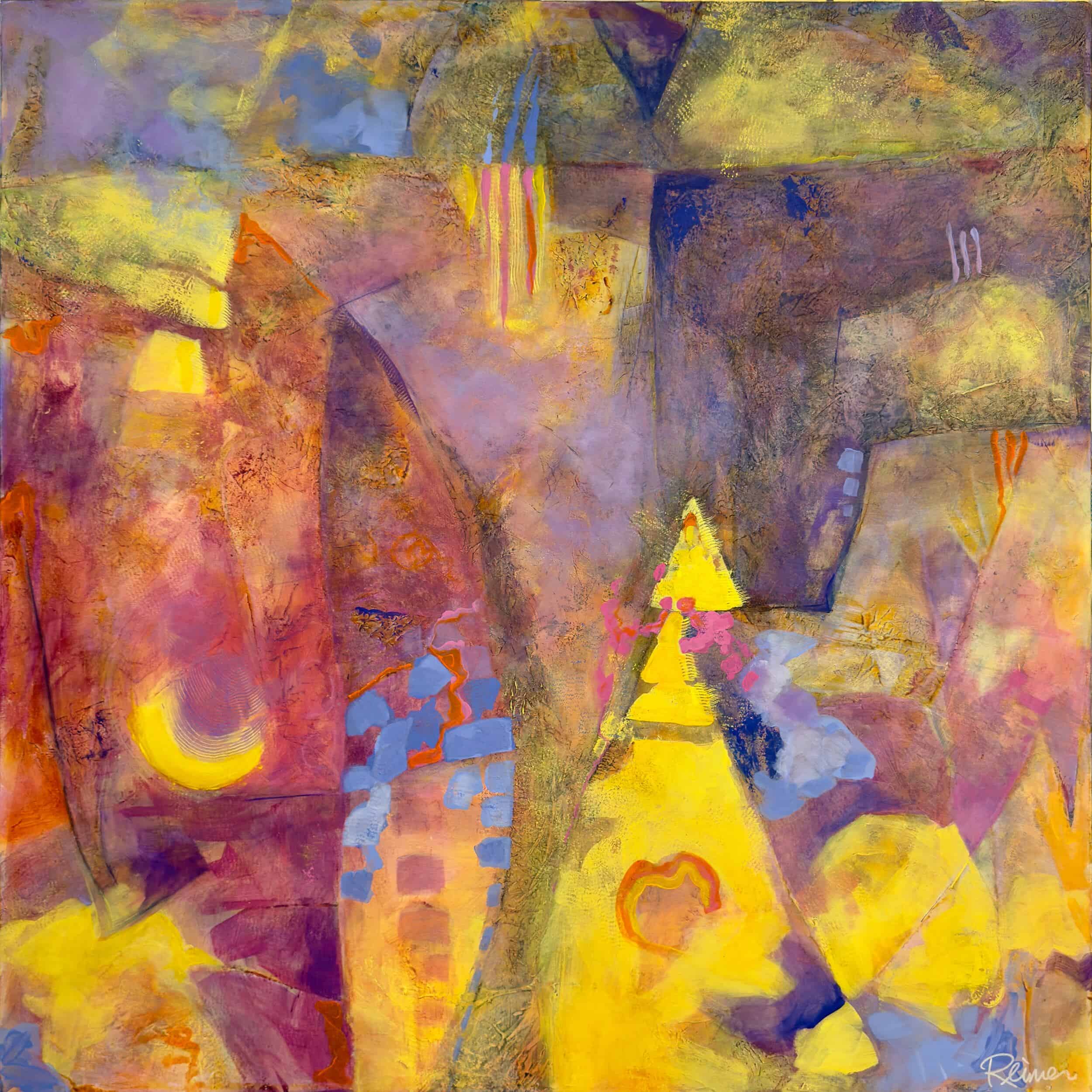 Title: Pleasure Seeker by Christine Reimer – 48x48 inch abstract acrylic landscape painting featuring bold colors and textured layers.