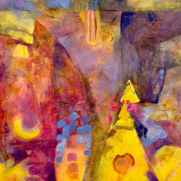 Title: Pleasure Seeker by Christine Reimer – 48x48 inch abstract acrylic landscape painting featuring bold colors and textured layers.