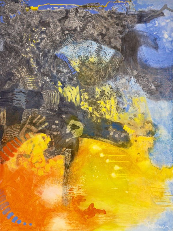 Title: "Primal Whispers" by Christine Reimer – 48x36 inch abstract acrylic landscape painting featuring bold colors and textured layers.