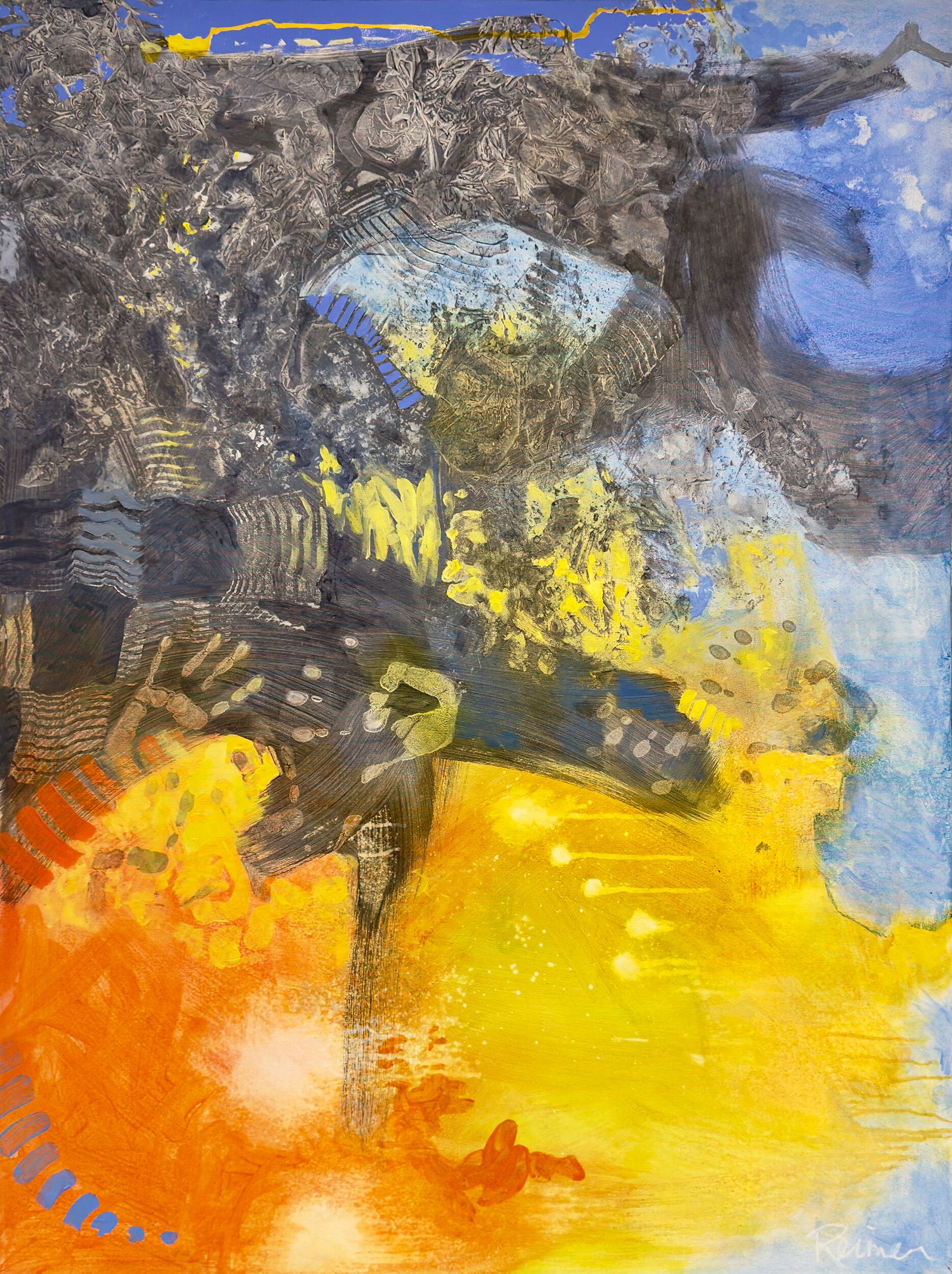 Title: "Primal Whispers" by Christine Reimer – 48x36 inch abstract acrylic landscape painting featuring bold colors and textured layers.