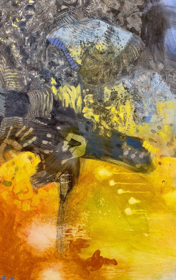 Title: Primal Whispers by Christine Reimer – 48x36 inch abstract acrylic landscape painting featuring bold colors and textured layers.