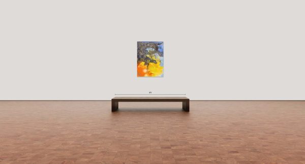 Title: Primal Whispers by Christine Reimer – 48x36 inch abstract acrylic landscape painting featuring bold colors and textured layers.