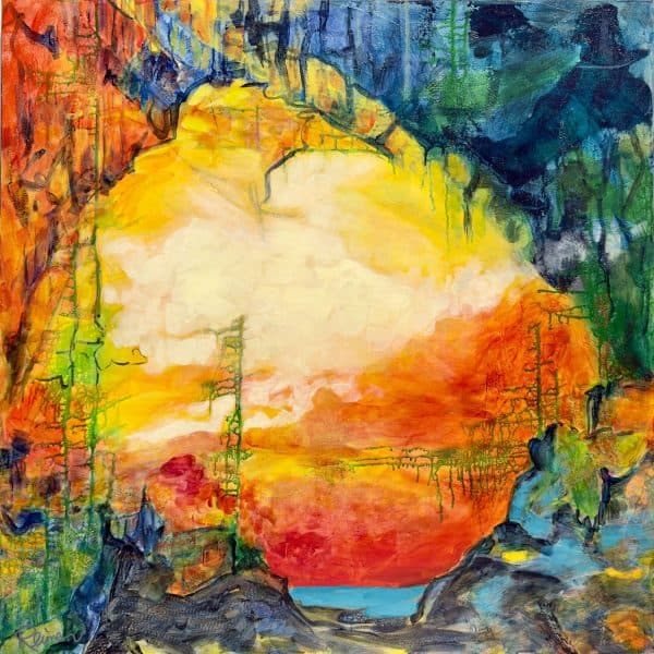 Title:  by Christine Reimer – 48x36 inch abstract acrylic landscape painting featuring bold colors and textured layers.
