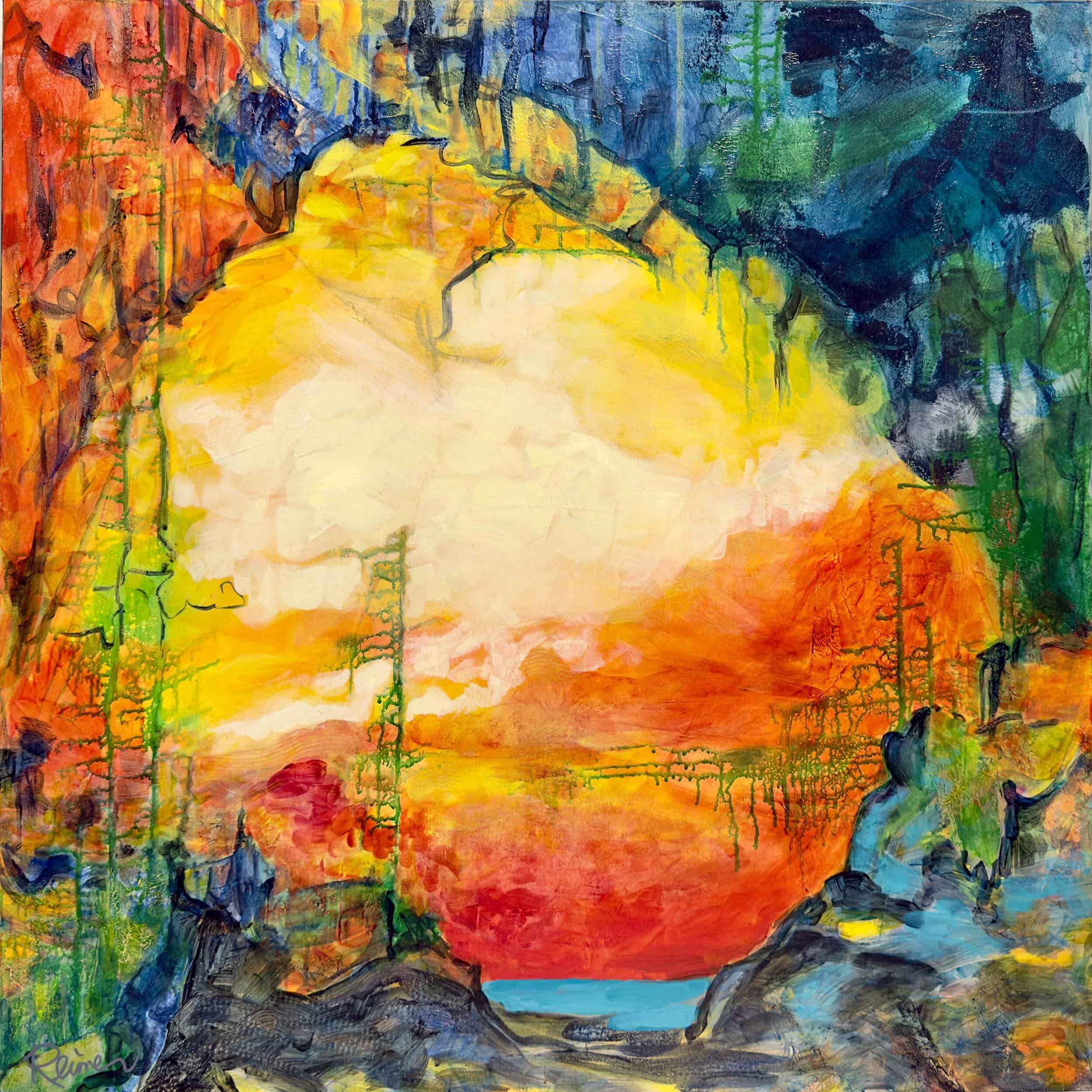 Title:  by Christine Reimer – 48x36 inch abstract acrylic landscape painting featuring bold colors and textured layers.