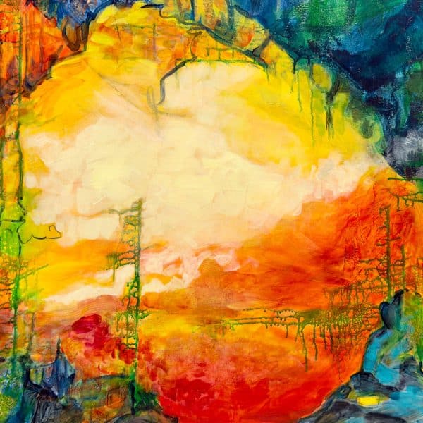 Title: Red Mist by Christine Reimer – 36x36 inch abstract acrylic landscape painting featuring bold colors and textured layers.