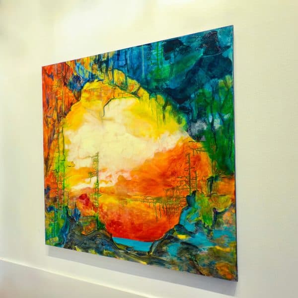 Title: Red Mist by Christine Reimer – 36x36 inch abstract acrylic landscape painting featuring bold colors and textured layers.