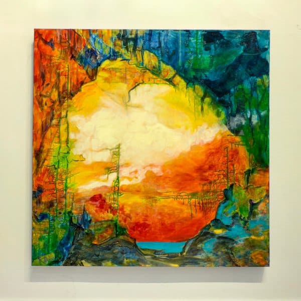 Title: Red Mist by Christine Reimer – 36x36 inch abstract acrylic landscape painting featuring bold colors and textured layers.