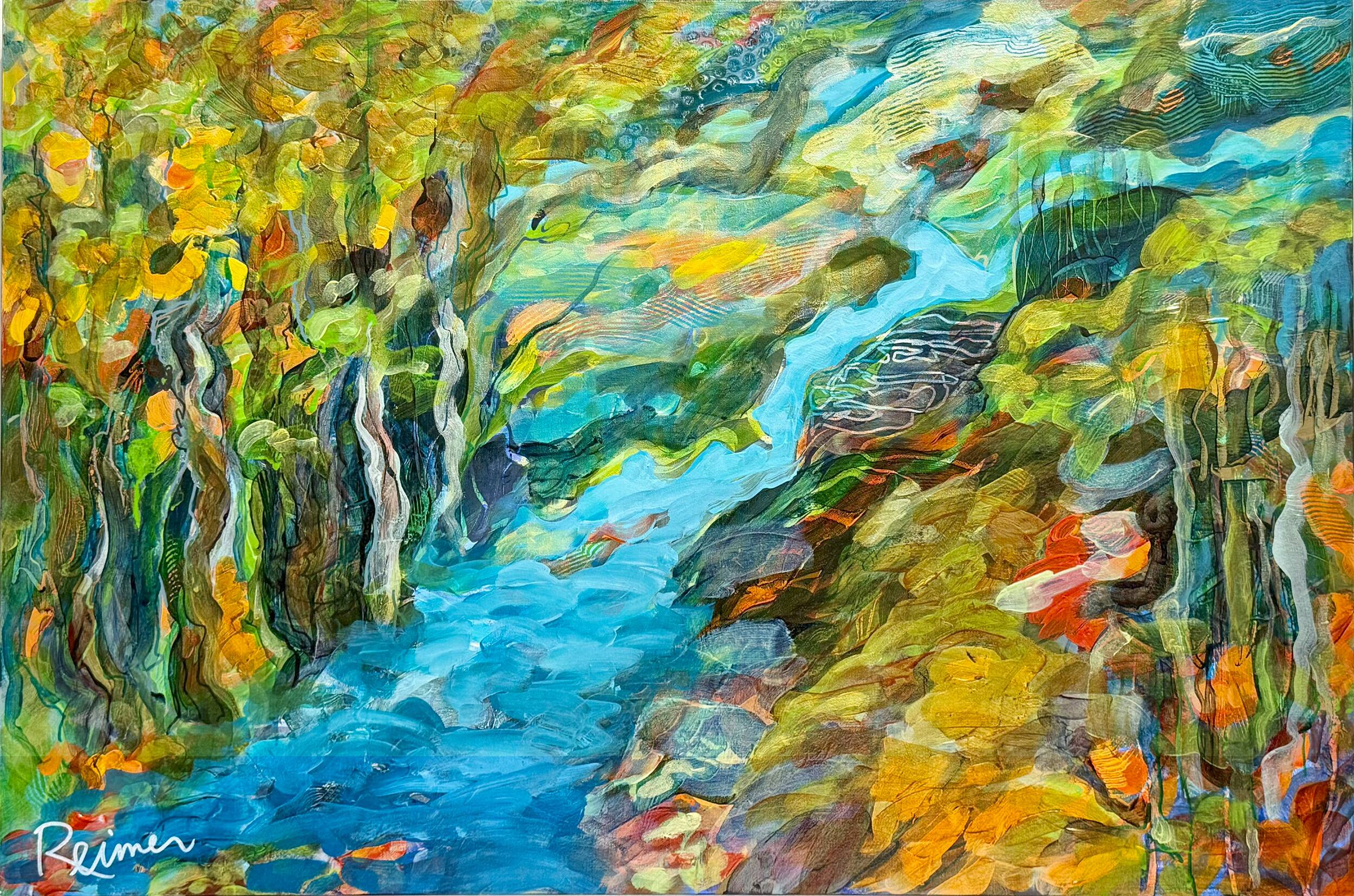Title:  by Christine Reimer – 48x36 inch abstract acrylic landscape painting featuring bold colors and textured layers.